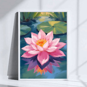 Poster Flor de Lótus Lírio de Água Rosa Aquarela Lago
