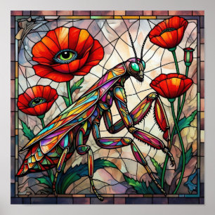 Poster Flor de Papoula de Vidro Colorido com Louva-a-Deus