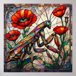 Poster Flor de Papoula de Vidro Colorido com Louva-a-Deus
