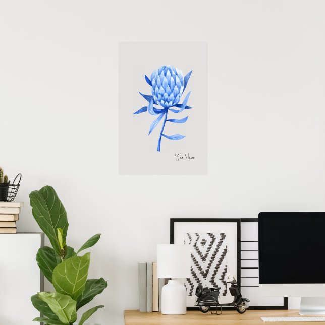 Poster Flor de Protea Tropical Azul Cobalto Aquarela (Escritório em casa)