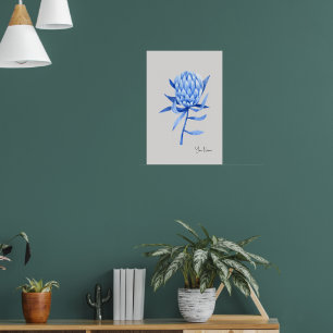 Poster Flor de Protea Tropical Azul Cobalto Aquarela
