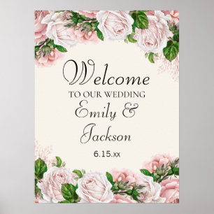Poster Flor de Rosa Elegante em Creme para Casamento