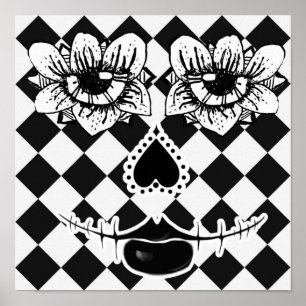 Poster Flor de Rosto Xadrez Surrealismo Preto e Branco