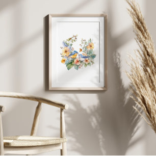 Poster Flor e aquarela de aves