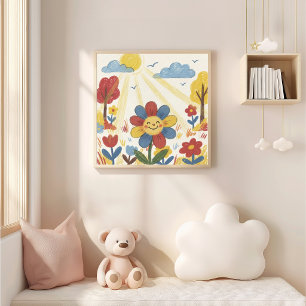 Poster Flor Fofa ao Sol Desenho a Lápis de Cera Criança