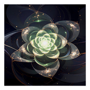 Pôster Flor Fractal Verde Etéreo Mural Cósmico Místico