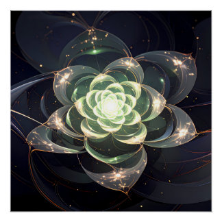 Pôster Flor Fractal Verde Etéreo Mural Cósmico Místico