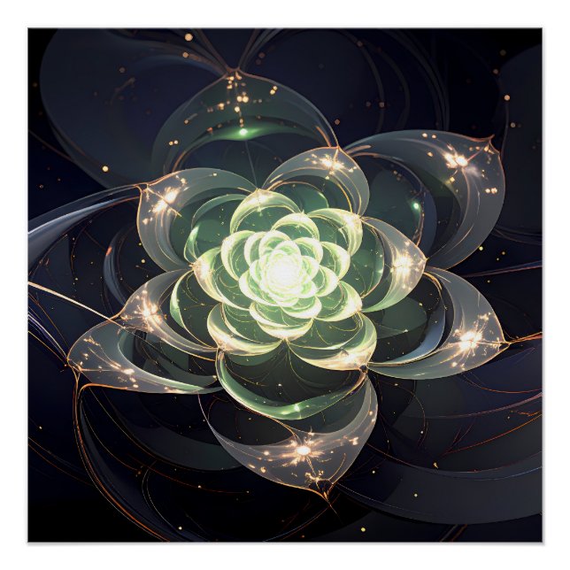 Pôster Flor Fractal Verde Etéreo Mural Cósmico Místico (Frente)