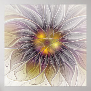 Pôster Flor Luminosa Colorida, Fractal Moderno Abstrato