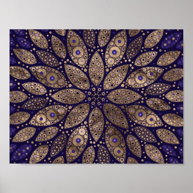 Poster Flor Mandala - Arte ponto - Roxo e Dourado (Frente)