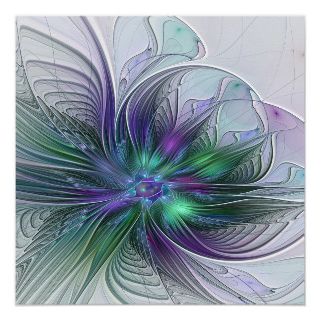 Pôster Flor Moderna Abstrata Fractal Roxa Verde (Frente)
