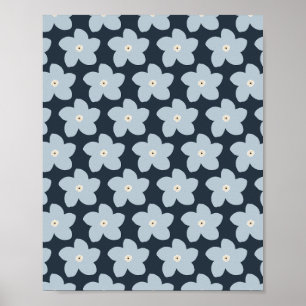 Poster Flor Retro Azul Claro e Azul Marinho