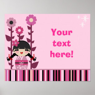 Poster Flor rosa-branca Kokeshi