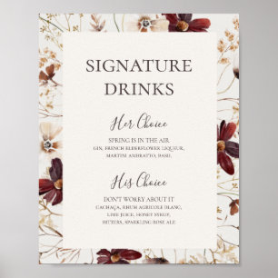 Poster Flor Selvagem Borgonha   Placa de Bebidas com Letr