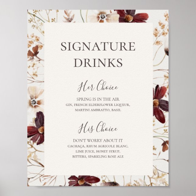 Poster Flor Selvagem Borgonha | Placa de Bebidas com Letr (Frente)