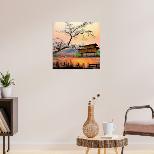 Poster Flor Serena: Pôr do Sol Sobre uma Casa de Lago Jap