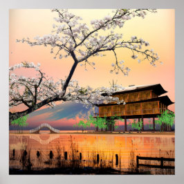 Poster Flor Serena: Pôr do Sol Sobre uma Casa de Lago Jap