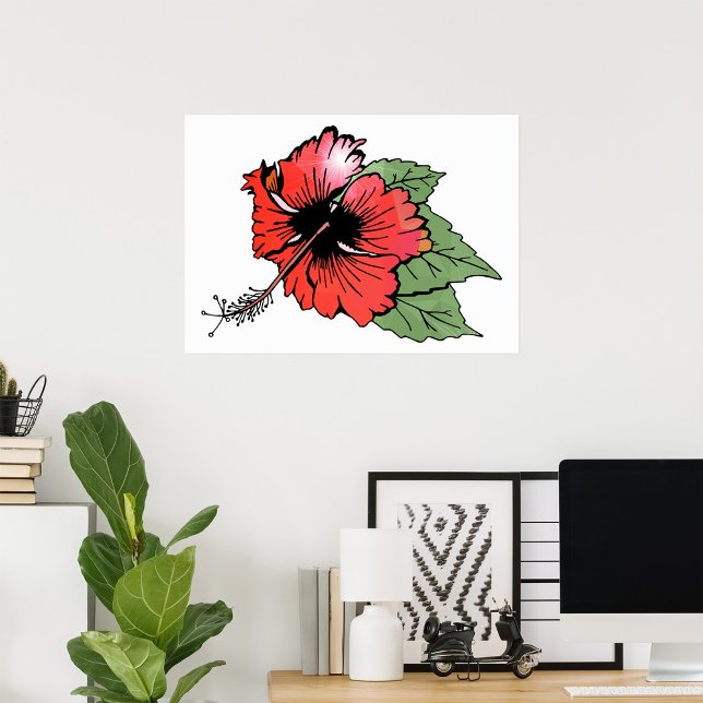 Poster Flor Tropical de Hibisco Vermelho com Folhas Verde (Criador carregado)