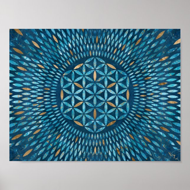 Poster Flor Vida nas pétalas - Mármore Azul e Dourado (Frente)