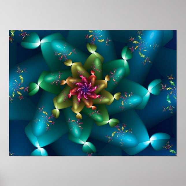 Poster Floração de Coral Oceânico Arte Fractal Verde-azul (Frente)