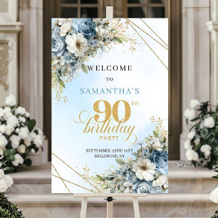 Poster Florais azuis boêmios sem tempo ouro 90º aniversár