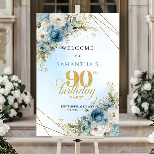 Poster Florais azuis elegantes empoeirados moldura dourad