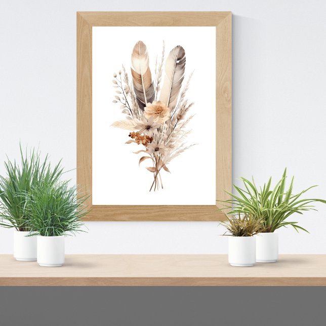 Poster Florais Boho Cinza Bege Marrom Penas Botânicos (Boho Bohemian Floral Feathers Botanicals, Neutral Colors Wall Art poster  Brown Beige Cream Gray)