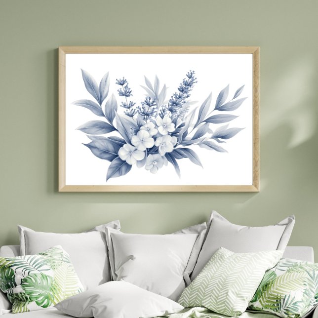 Poster Florais Brancos de Cinzas Prateadas com Esquema de (Pencil Sketch Silver, Gray White Floral Wall Art poster print. Printed or Digital Download)