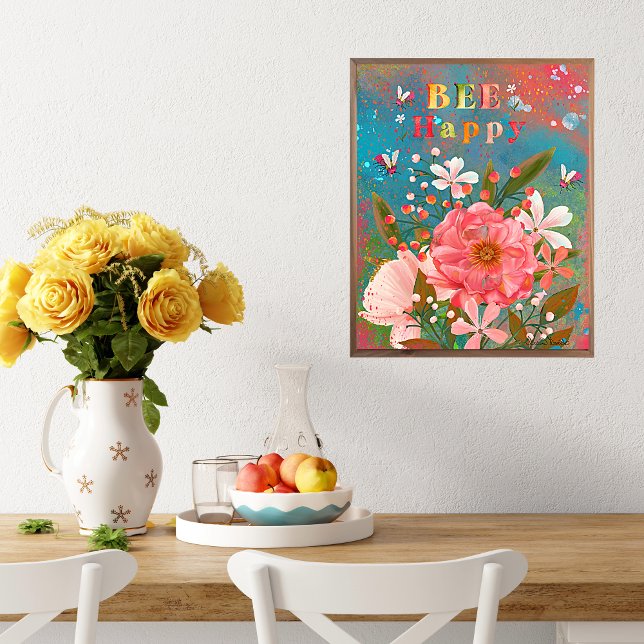 Poster Florais Coloridos Rosa Inspiracional (Colorful vibrant florals on a blue green mixed media background with lots of dreamy details with ins)
