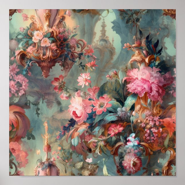 Poster Florais do período Rococo do ornamentado (Frente)