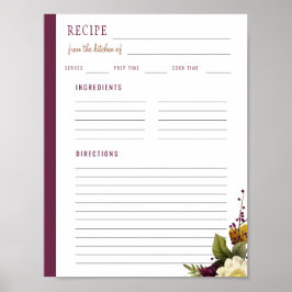 Poster Florais elegantes da cozinha da receita em branco