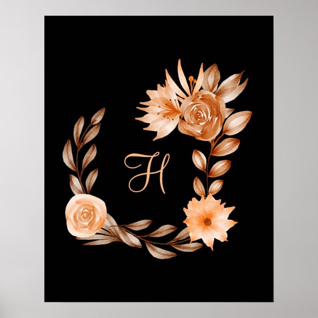 Poster Florais Preto Marrom e Bege Monogramados  (Frente)