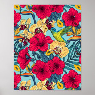 Poster Florais Tropicais e Beija-flor - Botanica de Verão