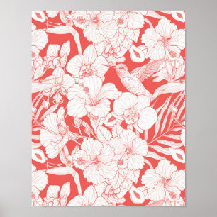 Poster Florais Tropicais e Beija-flor em coral e fora