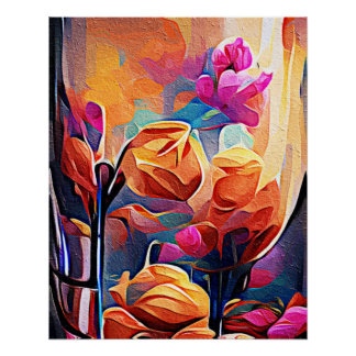 Pôster Floral Abstrato Art Laranja Vermelho Azul Flores