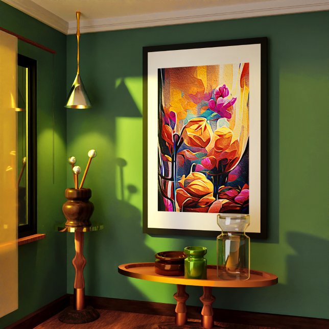 Poster Floral Abstrato Art Laranja Vermelho Azul Flores (Floral Abstract Art Orange Red Blue Flowers Poster)