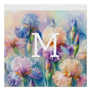 Pôster Floral aqucolor monograma flores da íris púrpura