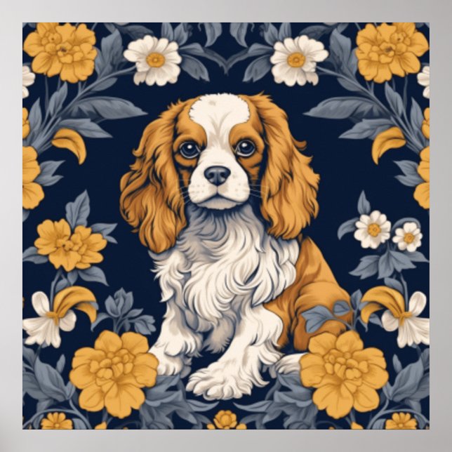 Poster Floral Art Nouveau King Charles Cavalier Spaniel (Frente)
