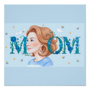 Pôster Floral Azul Mãe Brilhante