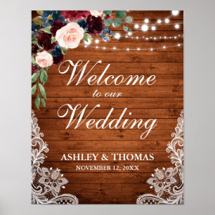 Poster Floral azul Wedding de Borgonha do laço de madeir