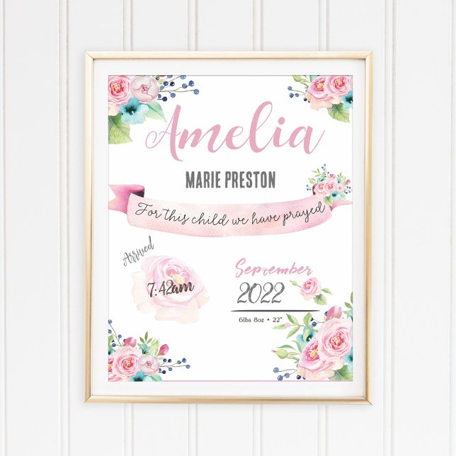 Poster Floral Baby Girl Watercolor Statistics Pink (Criador carregado)