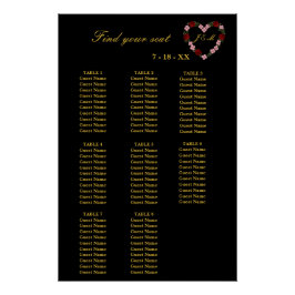 Pôster  Floral Black Heart Wedding Seating Plan 8 Tables
