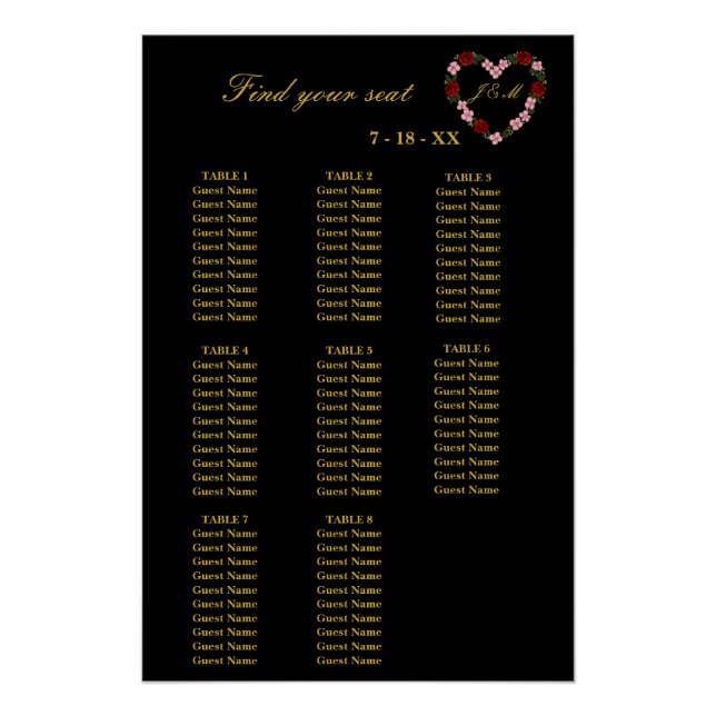 Pôster  Floral Black Heart Wedding Seating Plan 8 Tables (Frente)
