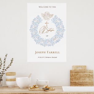 Poster Floral Blue Baby Angel Cross Baptism