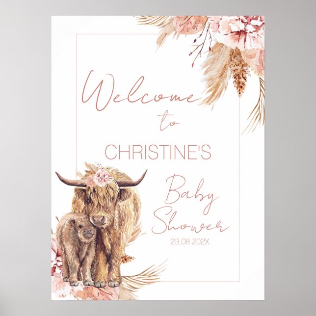 Poster Floral Bohemian Cow Calf Baby Shower Welcome Sign (Frente)