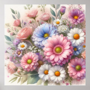 Poster Floral botânico Flores de Verão aquarela