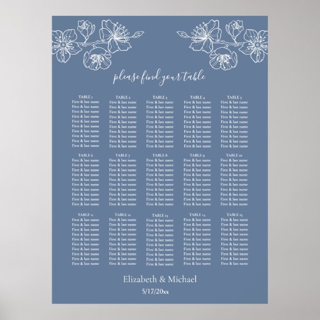 Poster Floral Branco Azul Dusty | Organograma de Casament (Frente)