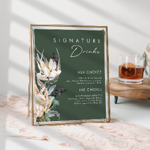 Poster Floral Branco Bebidas Assinadas Verde Escuro Pla