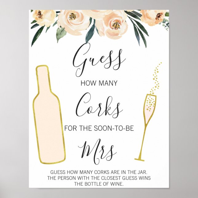 Poster Floral Bridal Shower Guess How Many Corks Sign (Frente)