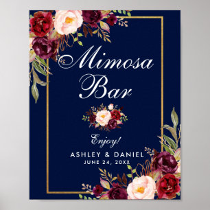 Poster Floral Burgundy Blue Dourado Casamento Mimosa Bar